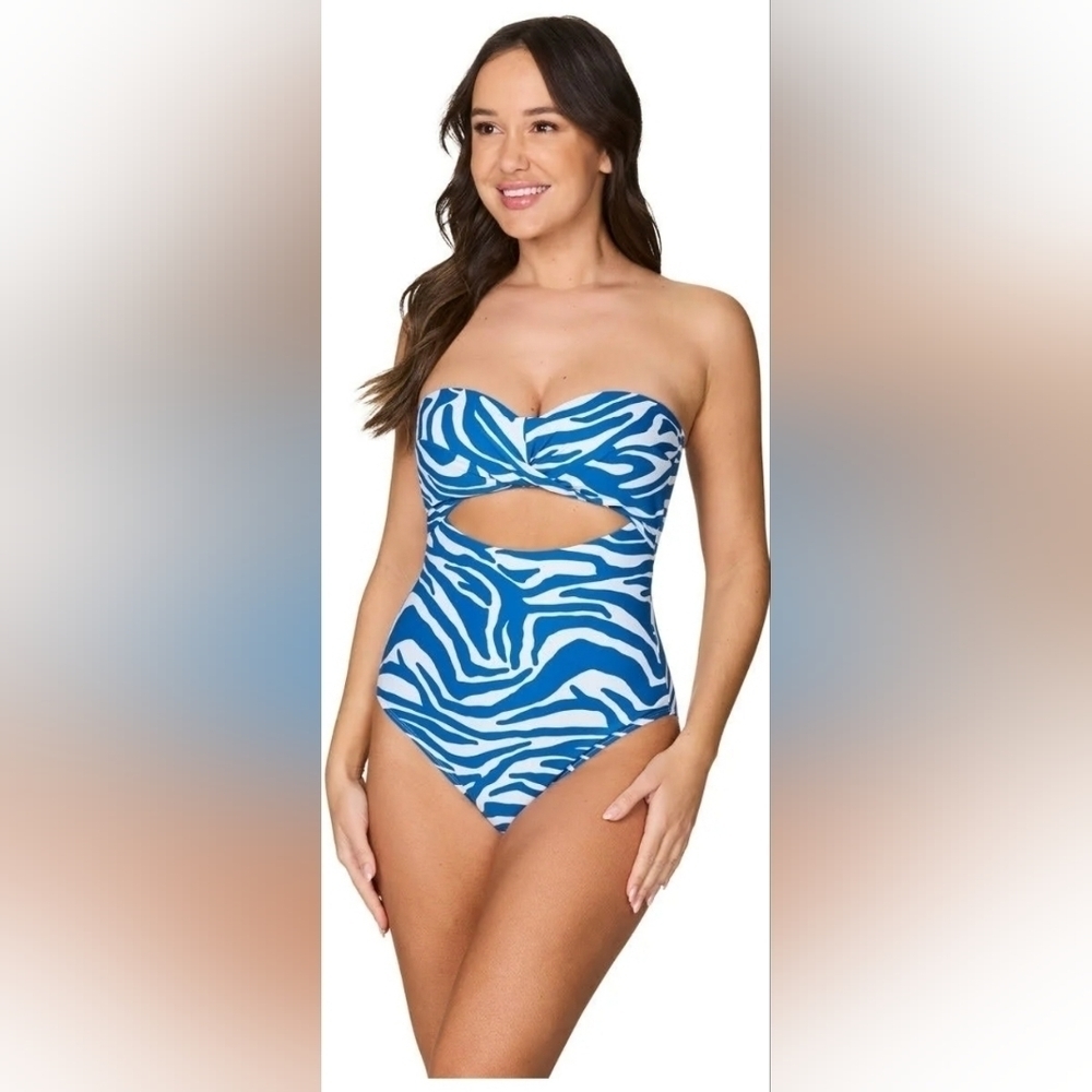 Nip Tuck Nautical Skin Luka Bandeau One Piece Swimsuit Blue Zebra Print Size 6 - Picture 2 of 6